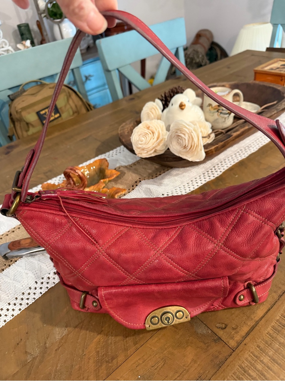 Fossil Quilted Red Leather Shoulder Bag with Brass Accent
